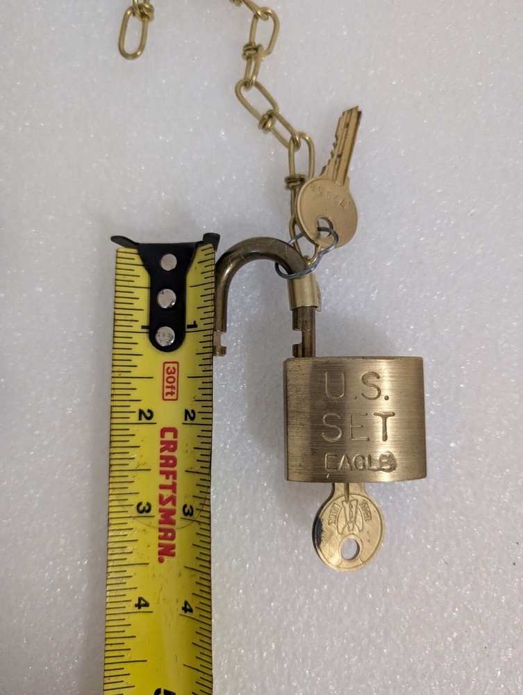 U.S. Eagle Pad Lock Military Issued Solid Brass with Two Keys and Chain Vtg