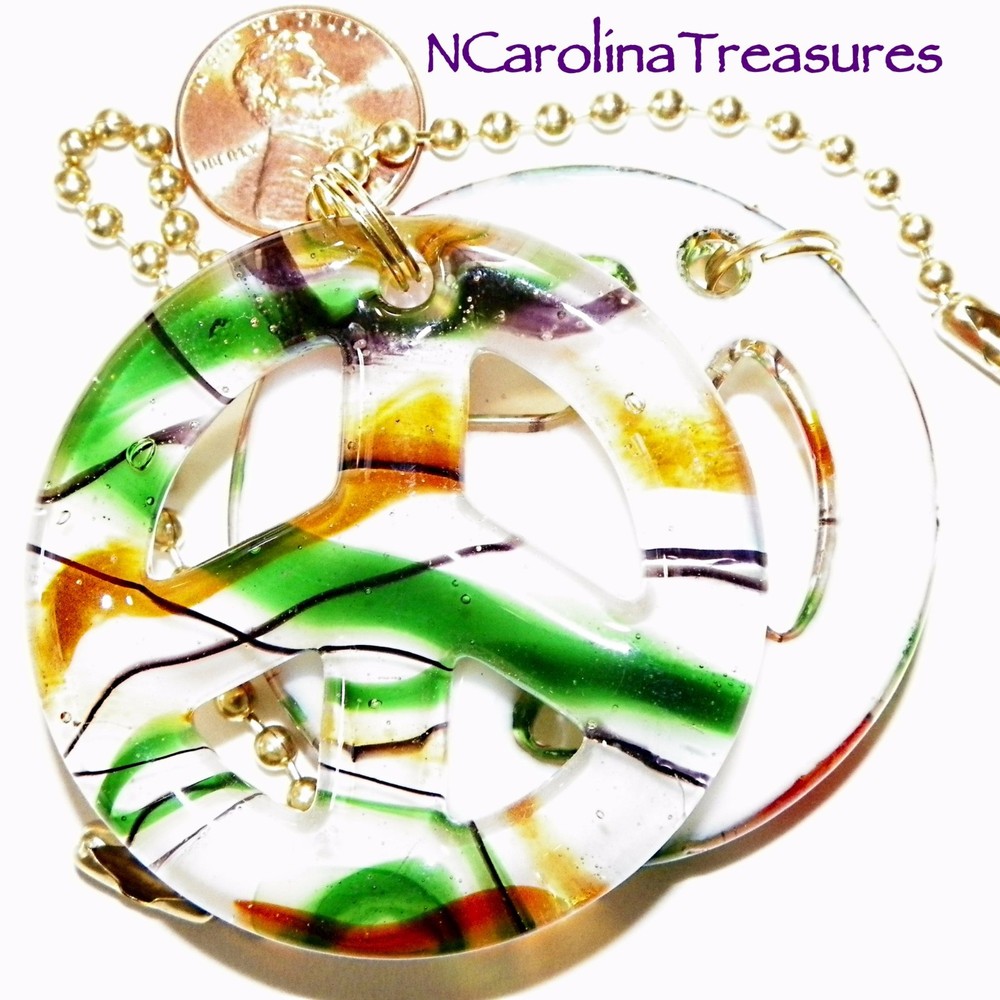 ORANGE GREEN WHITE GLASS CEILING FAN SWITCH PULL PEACE SIGN SYMBOL LARGE PAIR