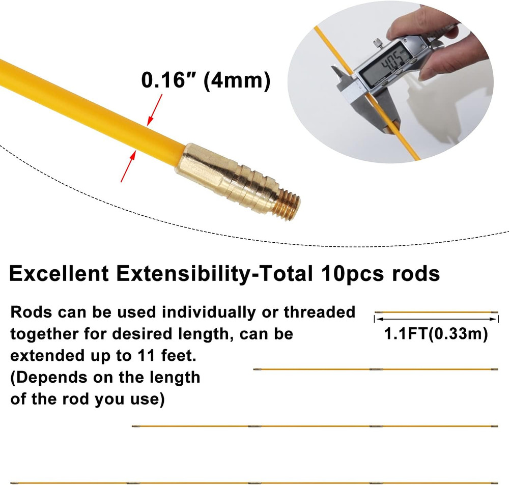 11' Fiberglass Running Electrical Wire Cable Pulling Fish Tape Kit with 5 Differ