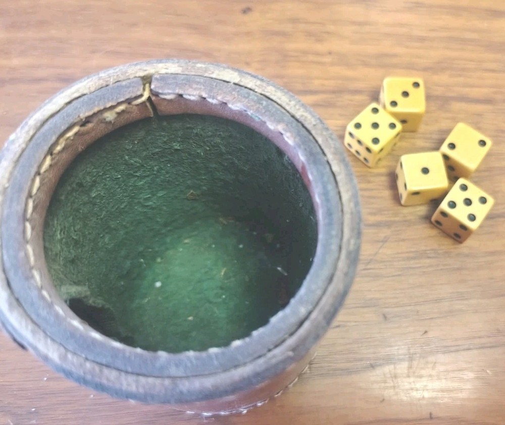 Vintage Leather Stitched BAR Dice Cup Lined W/ Dice