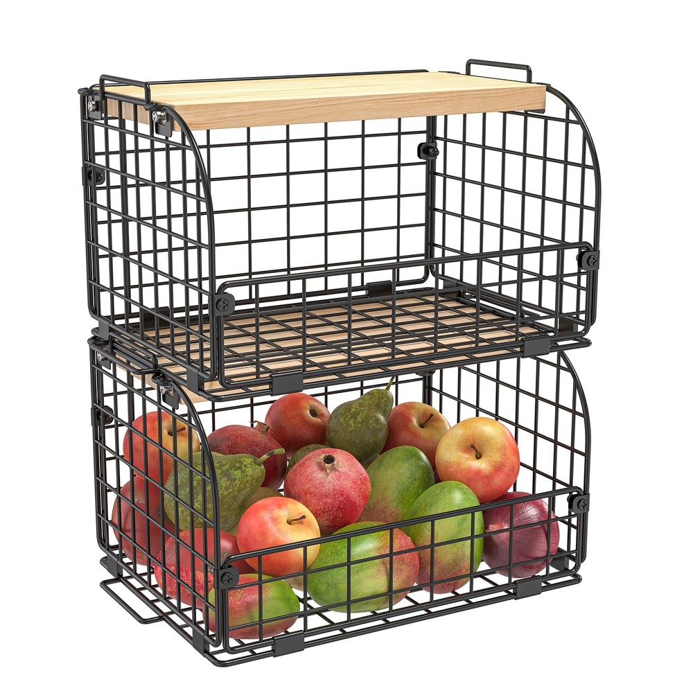 2 Set Stackable Wire Basket with Openable Top, Kitchen Counter, Pantry Organi...