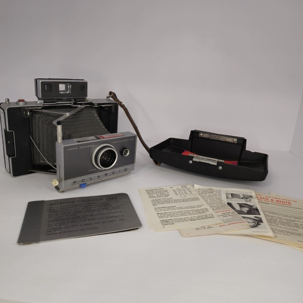 Vintage Polaroid Automatic 100 Land Camera w/ Case, info, & Cold Clip Not Tested