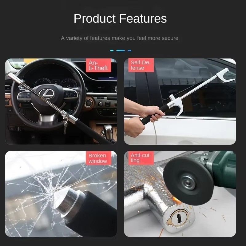 Universal Steering Wheel Lock - Anti-Theft Retractable Car Security Double Hook