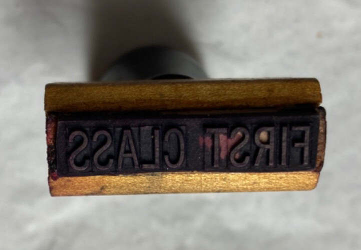 First Class Vintage Wood Handle Rubber Ink Stamp