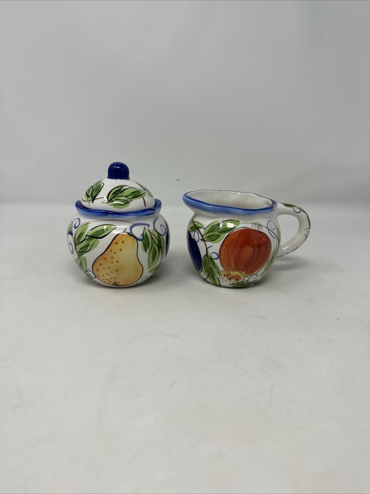capriware Covered Sugar Bowl & Creamer Fruit Design w/ Cobalt Blue Trim EUC HTF