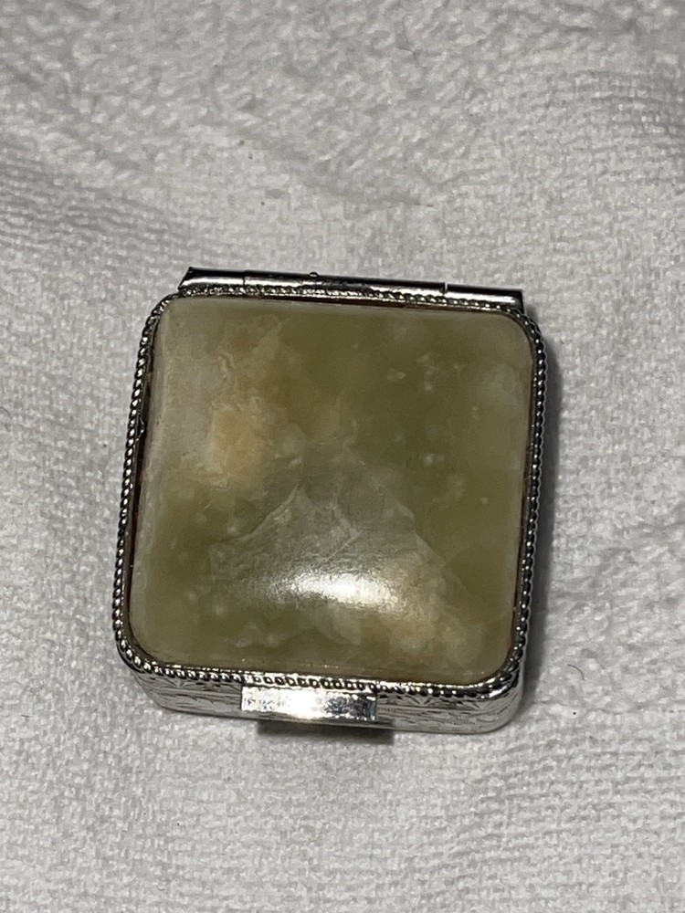 Vintage Solid Silver Gilt Square Hinged Pill Box Italian Natural Jade Lid