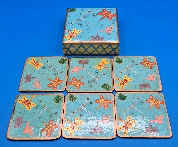 (6) VTG MCM Hand-Painted Multicolor Square Dragonfly Lacquer Coaster Set In Box