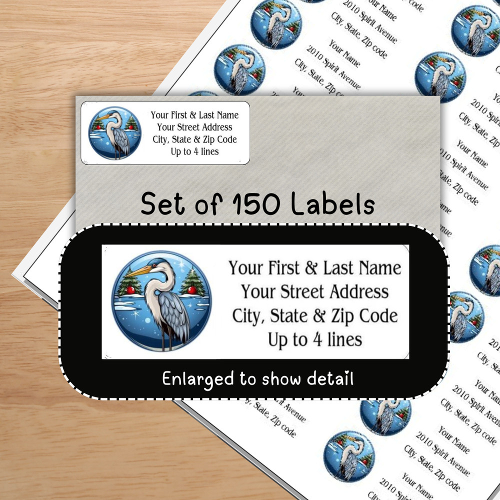 150 Blue Heron Bird Christmas Tree Mailing Return Address Labels Personalized