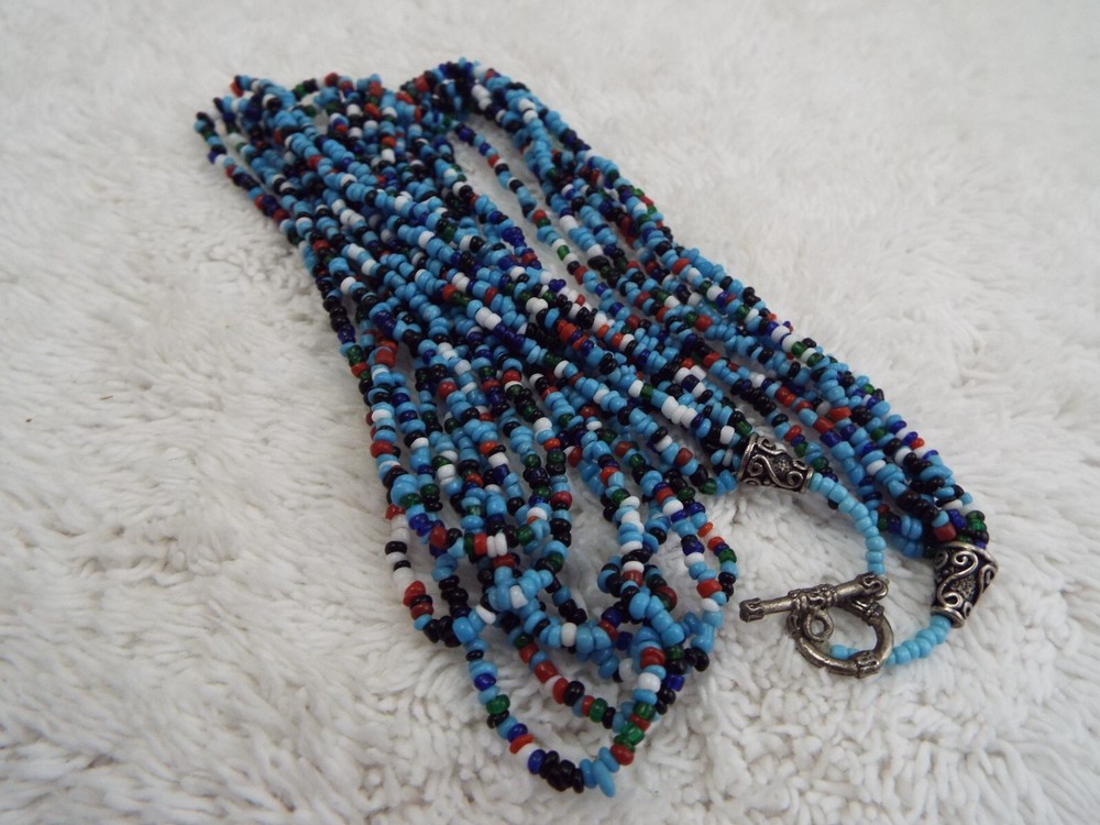 Red White Blue Micro Glass Bead Multi Strand Necklace (D76)