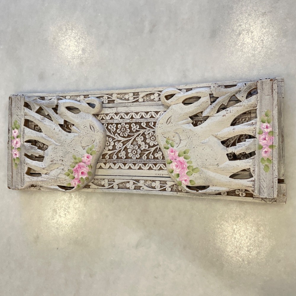 Carved Elephant Folding Book Rack Holder Hand Painted Chippy Boho Shabby Signed