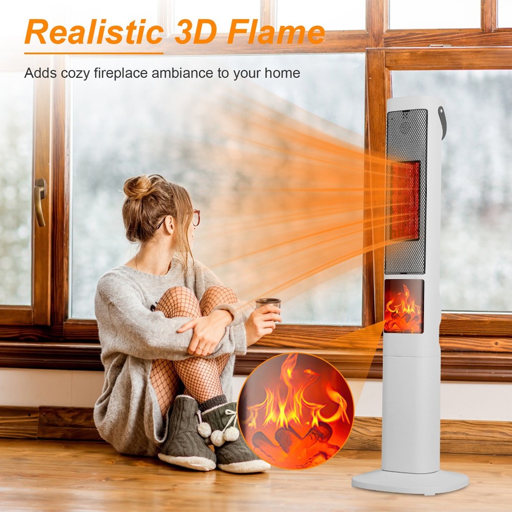 1500W Ceramic Tower Space Heater W/ 3D Flame Remote Control 5 Timer Options