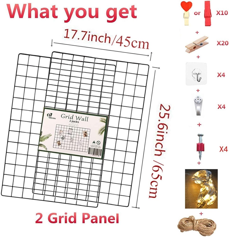 2 Pack Black Wire Grid Panels with Colorful Clips - Fun Photo Display Solution
