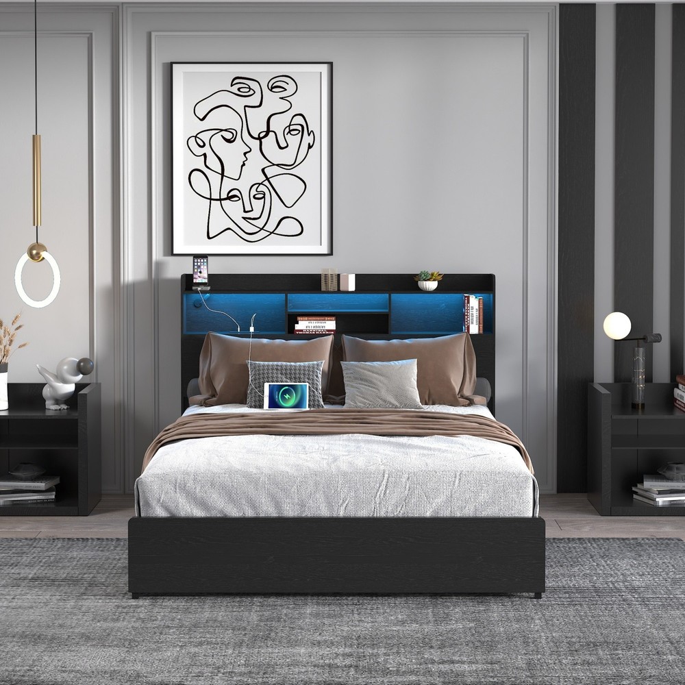 Full/Queen Size Platform Bed Frame w/ LED Lights & Storage Headboard & 4 Drawer