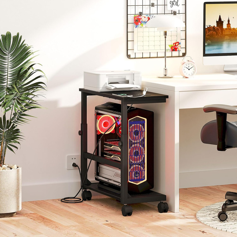 Height Adjustable Computer Tower Stand with Charging Station & Locking Wheels
