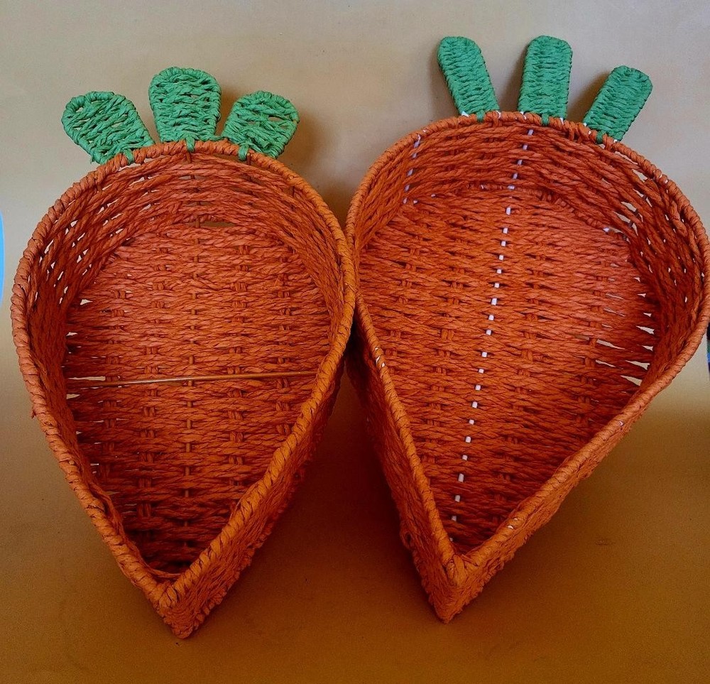 2 Nesting Wicker Baskets Shaped Like Carrots w Green Stems