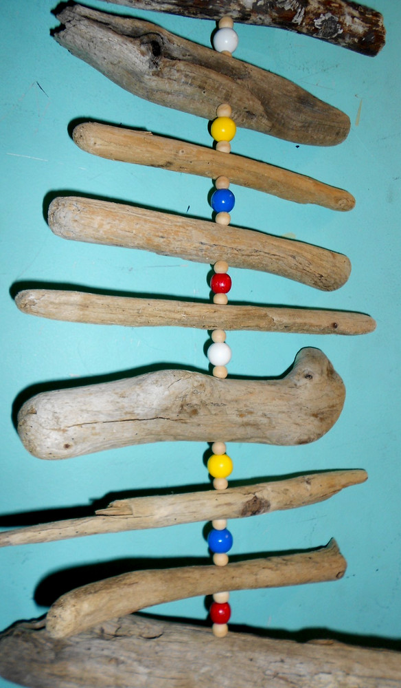 assorted driftwood mobile with buoy float bell handmade size 48"