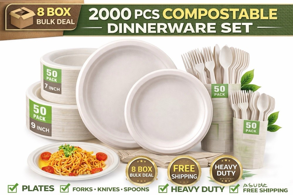 Brand New Bulk Compostable Dinnerware Set – 8 Boxes / 2000 Total Pieces