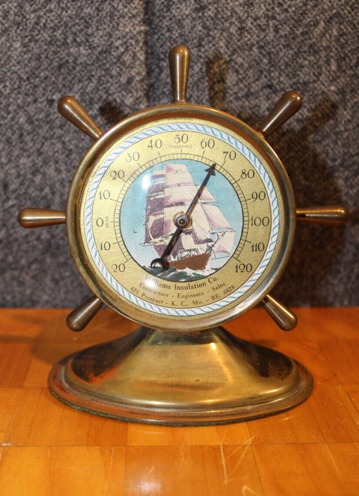 Vtg 40's 50's Advertisement Brass Ship Wheel Thermometer Williams Insulation Co