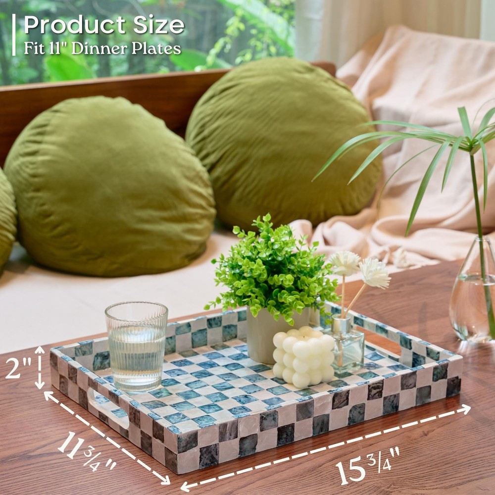 15.8" x 11.8" Decorative Rectangular Tray with Natural Capiz Shells, Checkere...