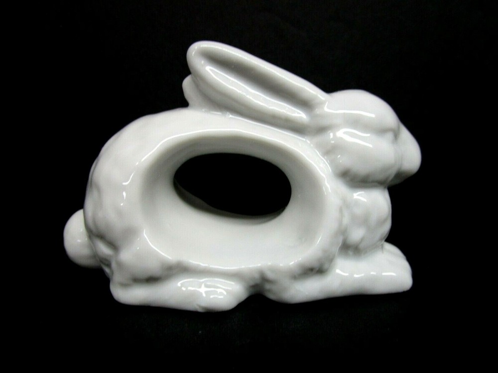 Set of 4 Daytons Ceramic White Bunny Rabbits Napkin Ring Holders Easter Spring C