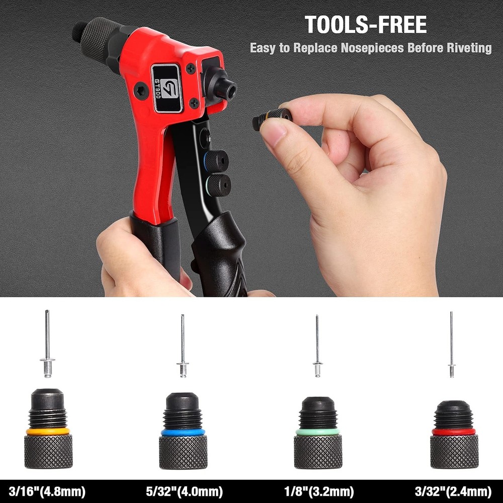 Rivet Gun, Pop Rivet Tool Kit with 200 Rivets and 4 Drill Bits, Manual Hand R...