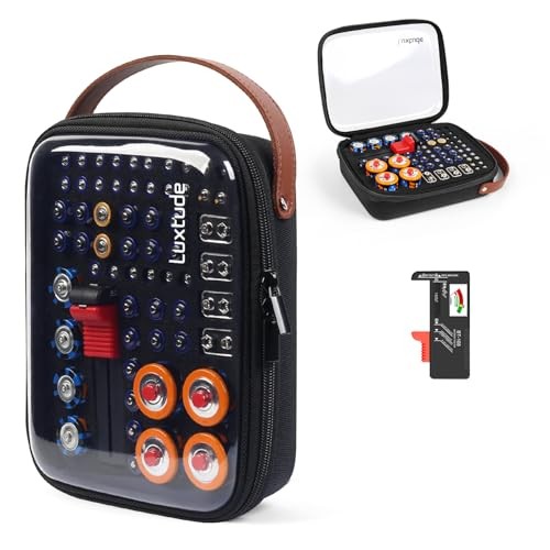Battery Organizer Storage Case with Tester, Clear Battery Storage Black Caddy