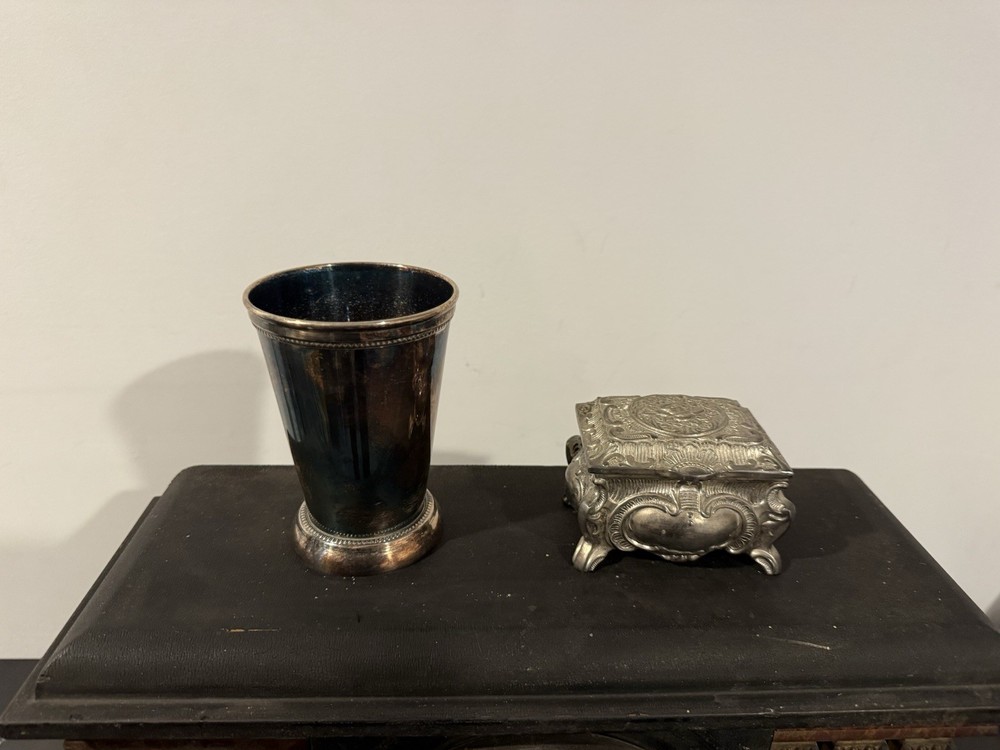 SMALL SILVER VINTAGE CUP And silver keepsake Box.