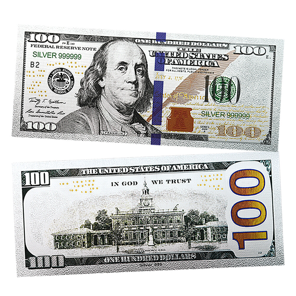 Benjamin Franklin US 100 Dollars Silver Foil Plastic Banknotes 10pcs in Envelope