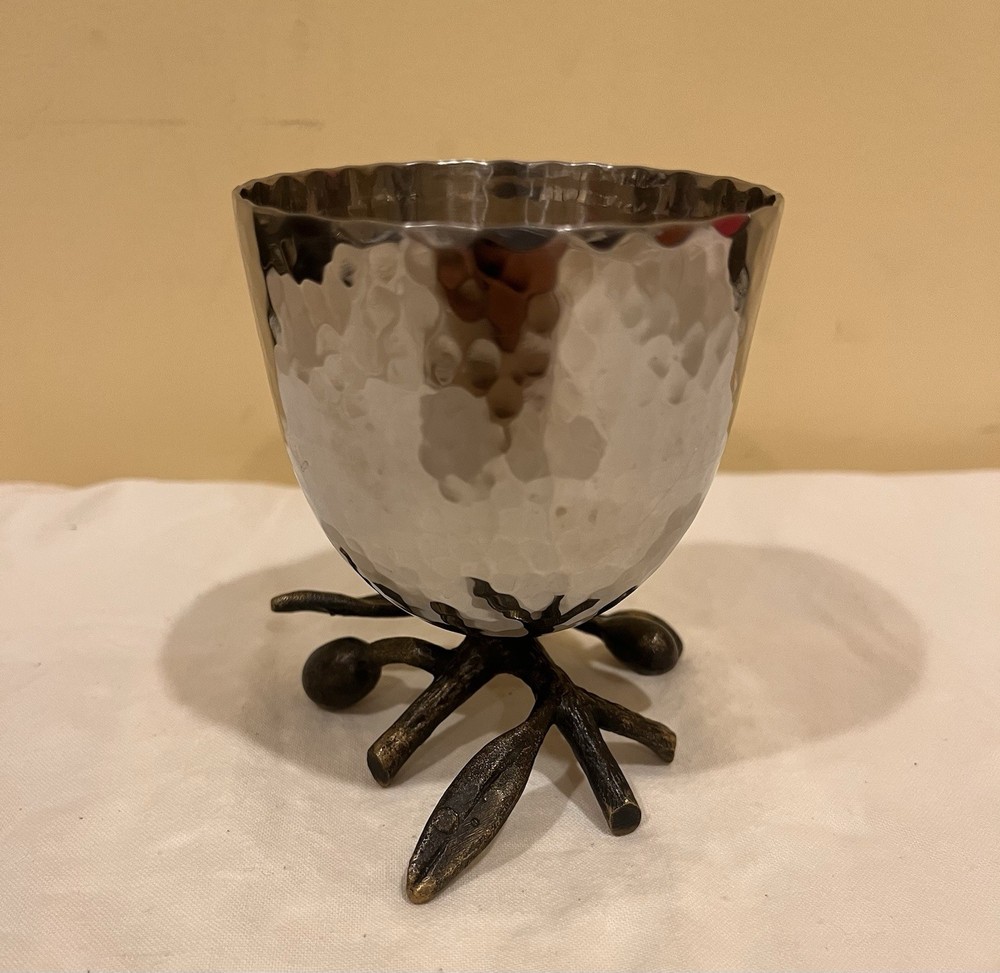Michael Aram Olive Branch Kiddush Cup EUC Hammered Silver Metal With Bronze Base