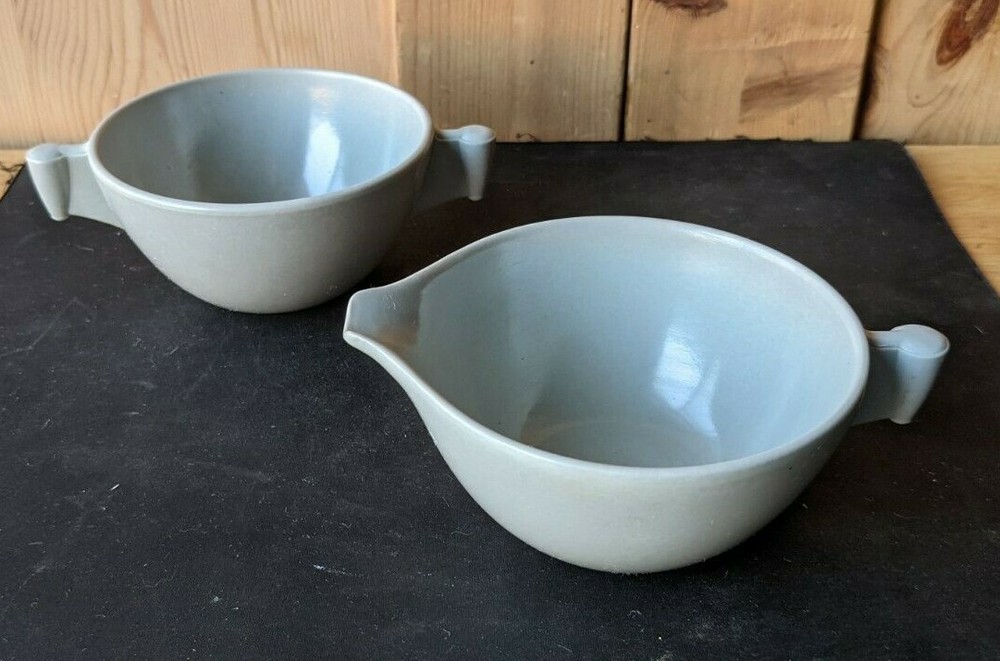 SPAULDING DINNERWARE. MELMAC SUGER, CREAMER SET IN GREY. MISSING LID.