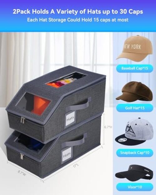 2PCS Stackable Hat Organizer for Baseball Caps, Hat Organizer Holds Drak Grey