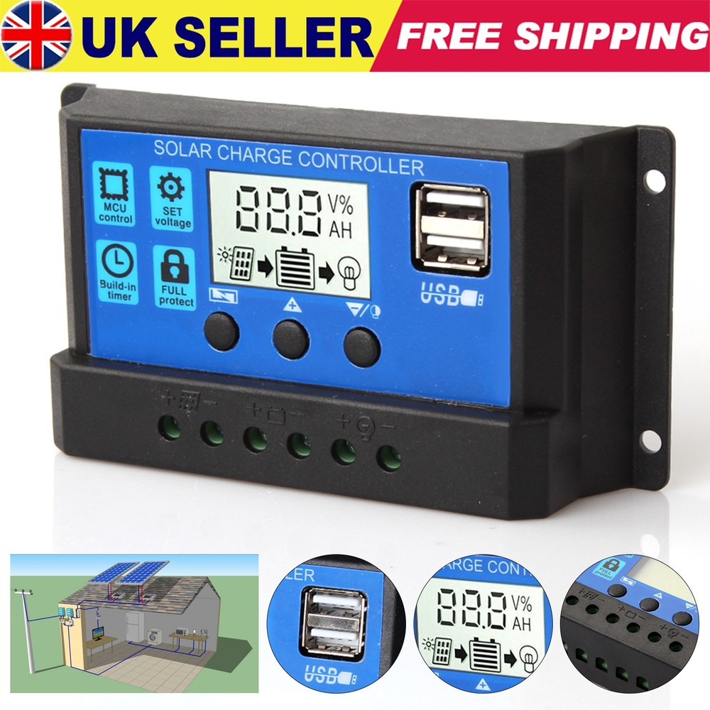 30A 12V/24V Solar Panel Battery Charge Controller LCD Regulator Dual USB Auto US