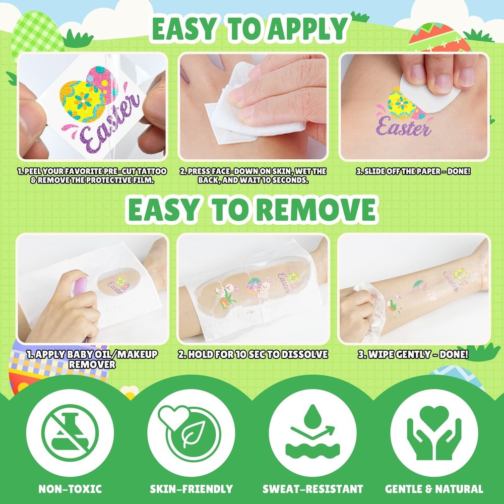 EMOME Easter Tattoos for Kids, 96 PCS Glitter Spring Tattoo Multicolor