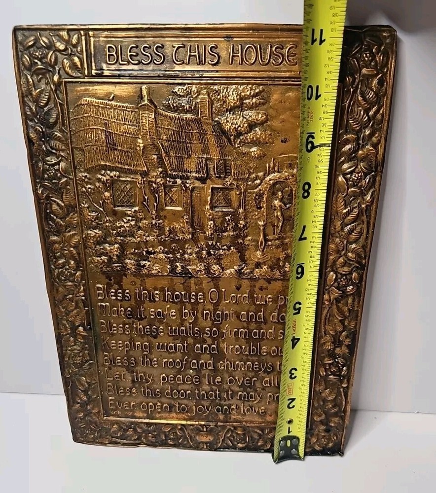 c1930's Embossed Copper Tin "Bless this house" Wall Hanging