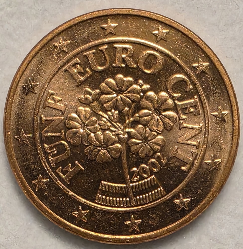 2002 Austria 5 Euro Cent Uncirculated From Mint Roll