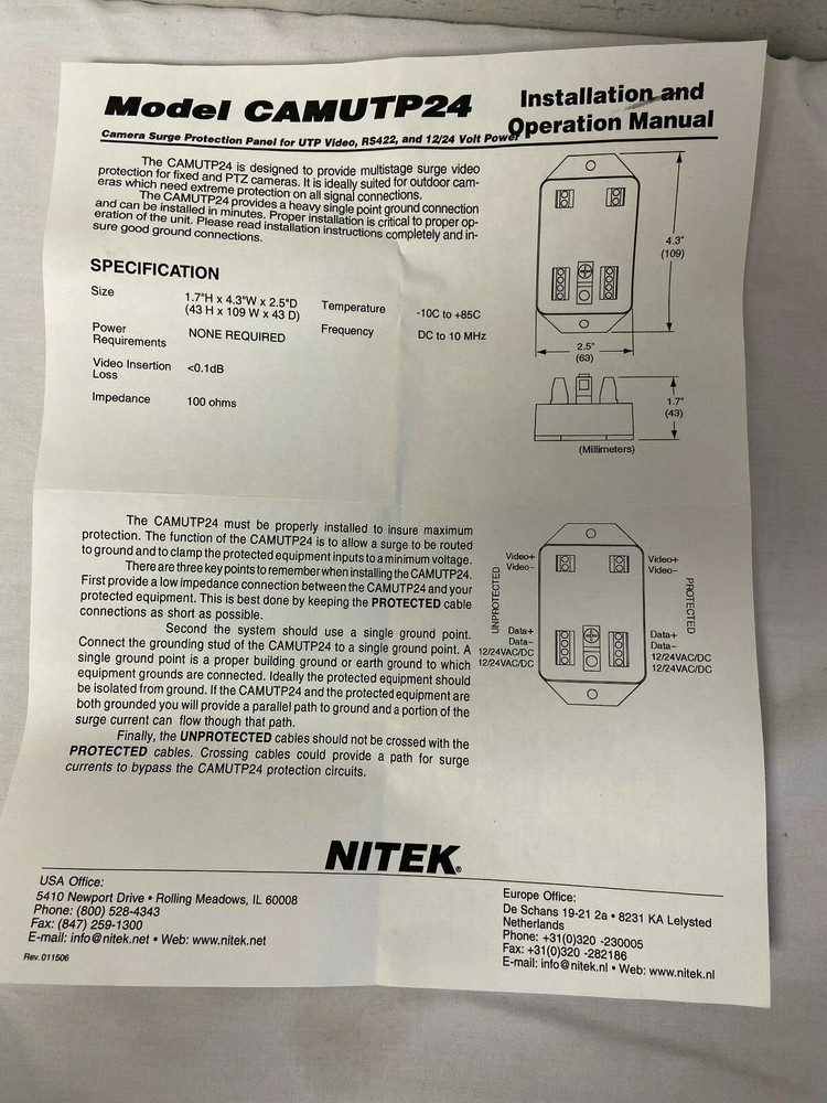 Nitek CAMUTP24 Camera Surge Protection Panel