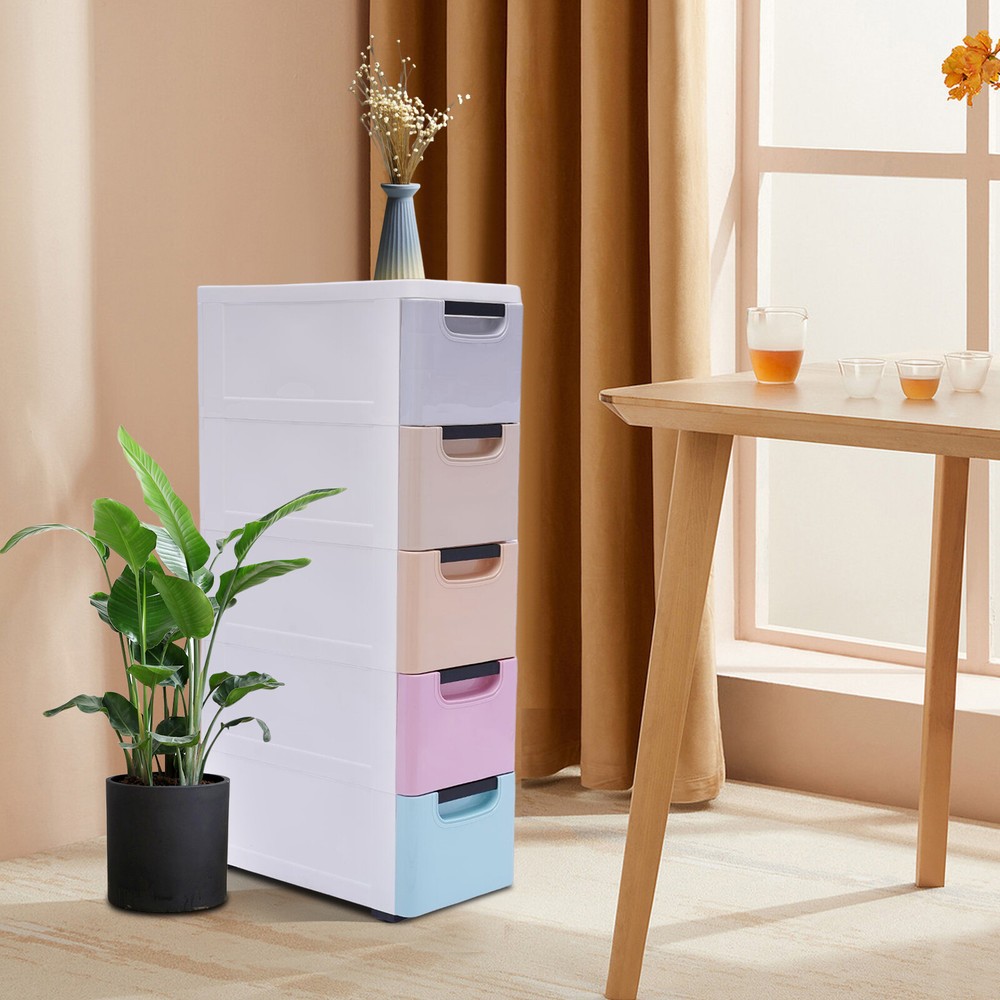 Plastic Stackable Storage Box Clothes Organizer Cabinet Tower 5 Drawer w/ Wheel