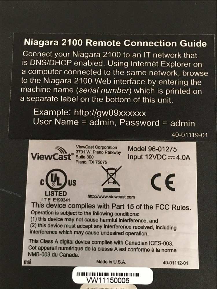 Niagara 2100 ViewCast Video Audio Streaming Encoder 96-01275 w/Adapter FREE SHIP