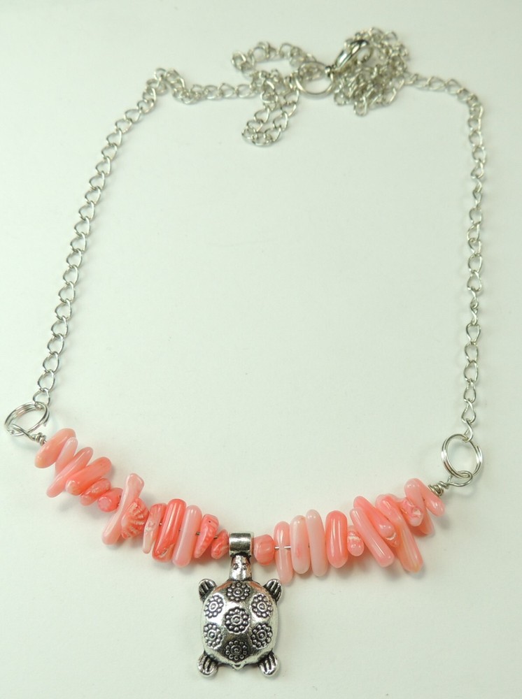 Coral  & Turtle Necklace with Chain Statement Handmade