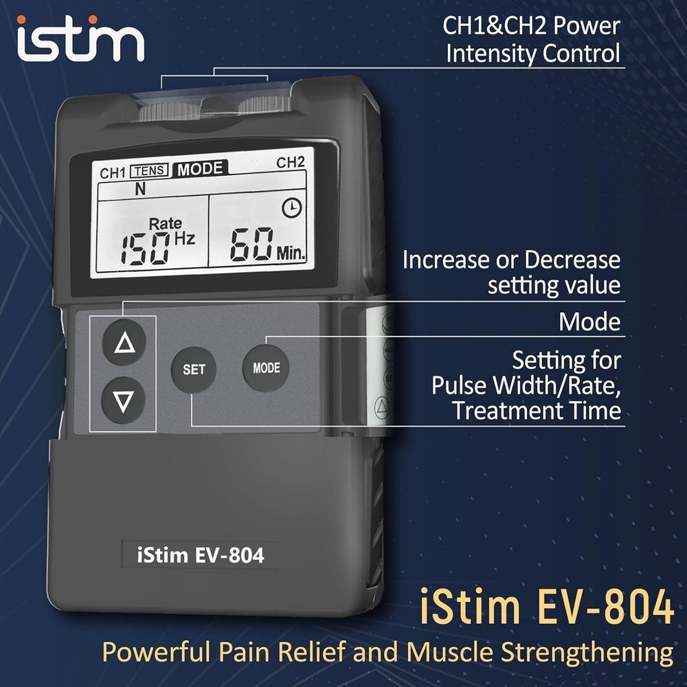 iSTIM EV-804 TENS/EMS Combo – 7 Modes, 24 Programs, Backlit Display