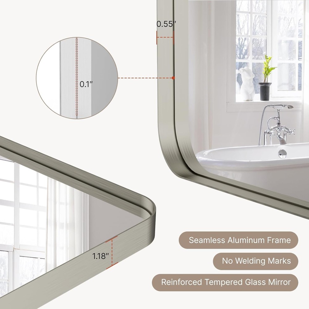 30"x20" Bathroom Mirror Large Brushed Nickel Rounded Rectangle Vanity Mirror