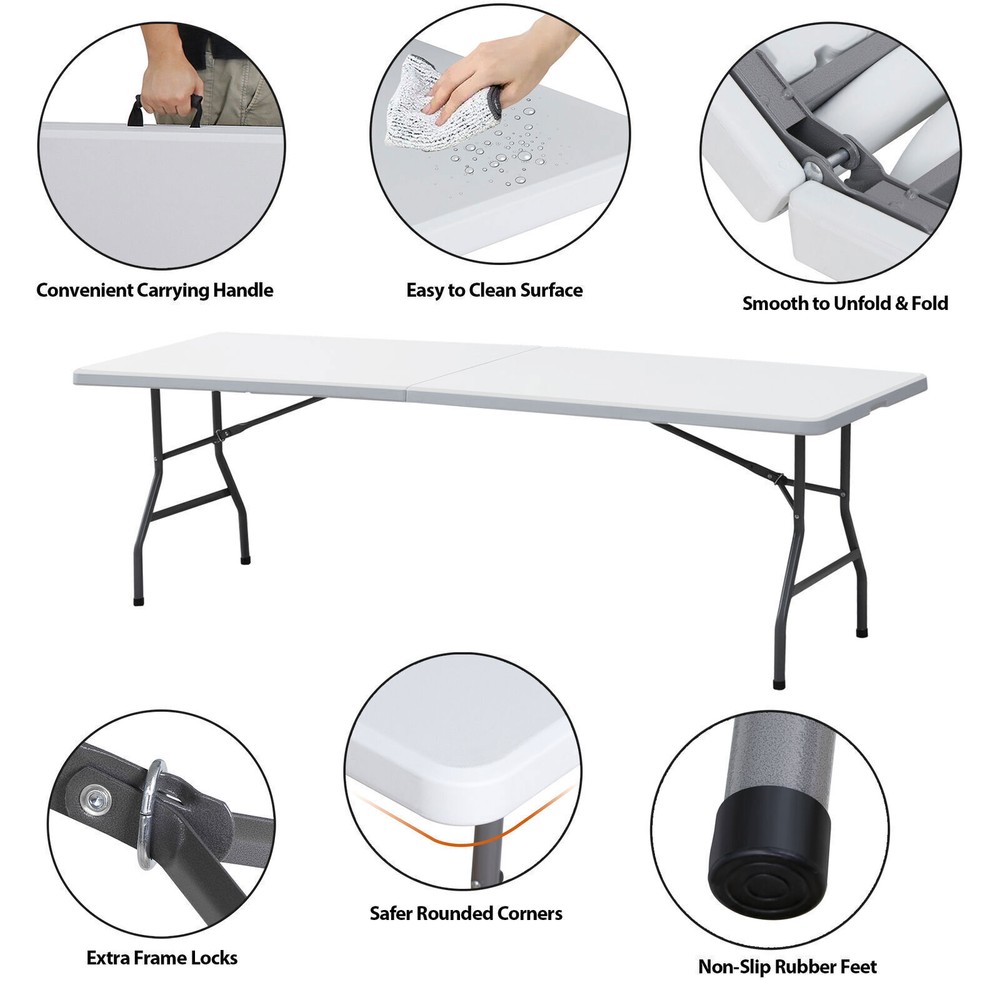 2PCS 8FT Folable Camping Table w/Handle Safety Lock Dining Table 300lbs Load