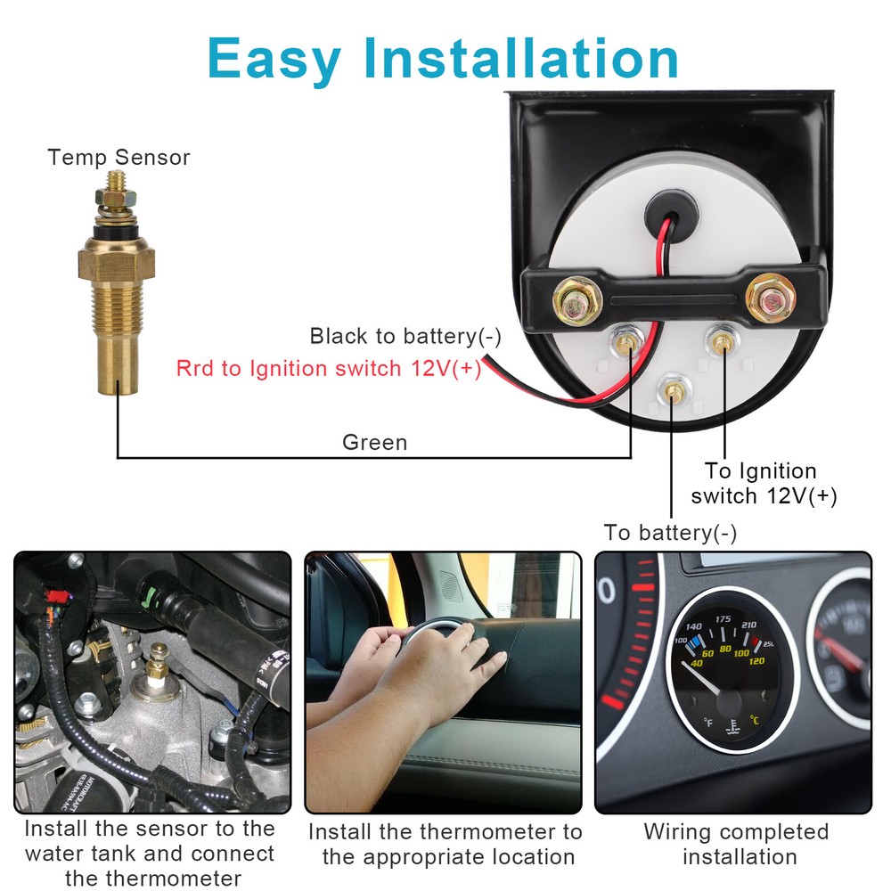 2'' 52mm Pointer Car Water Temp Temperature Gauge White light ℃&℉ with Sensor