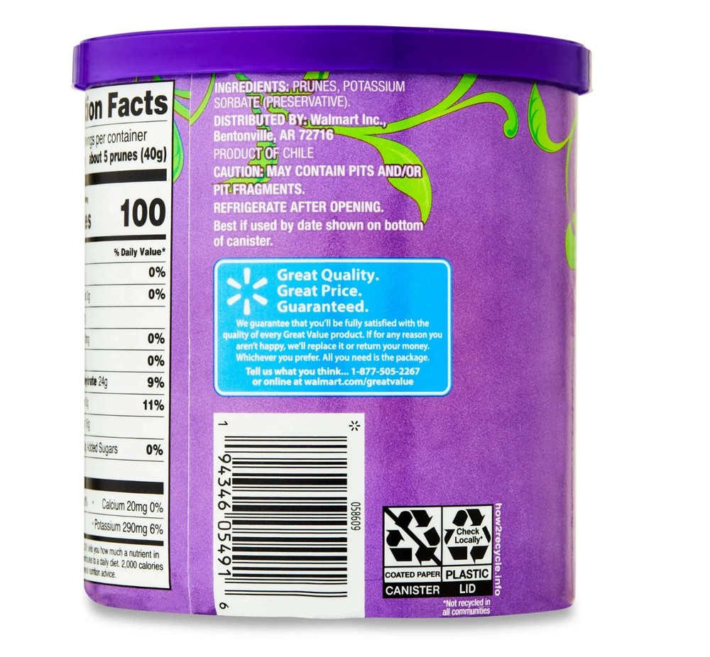 Great Value Unsweetened Pitted Prunes Canister, 16 oz