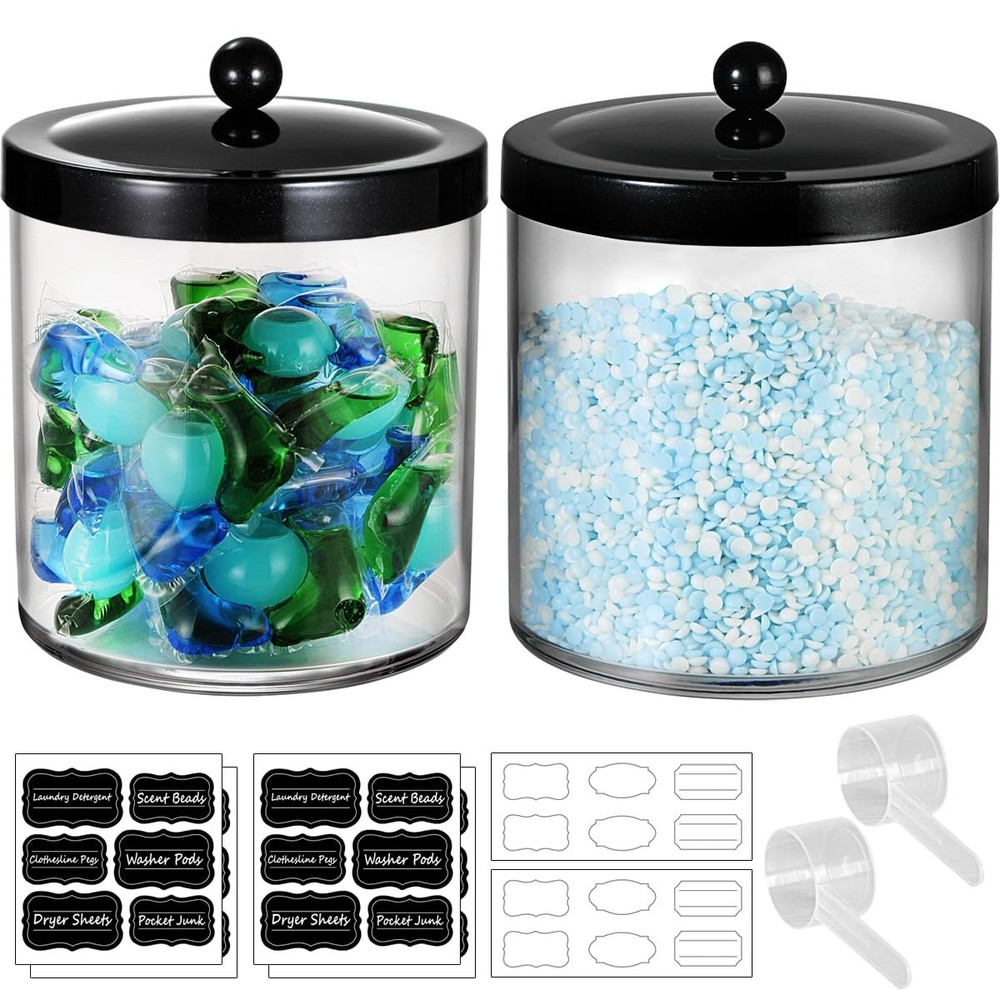 2-Pack 50oz Large Plastic Apothecary Jar w/ Lid for Laundry, Bath, Kitchen Stora
