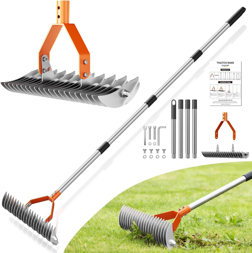 Adjustable 68" Thatch Rake with Dual-Action Tines for Lawn Dethatching