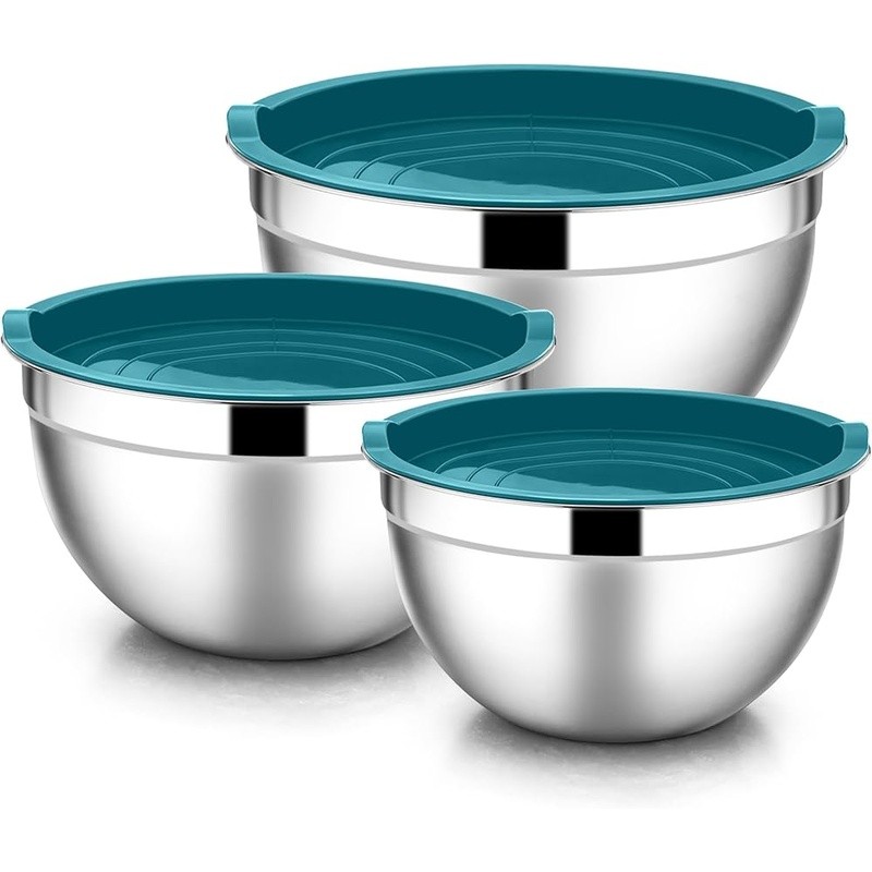 Stainless Steel Mixing Bowls Set W/ Airtight Lids Nesting Stackable Easy Clean