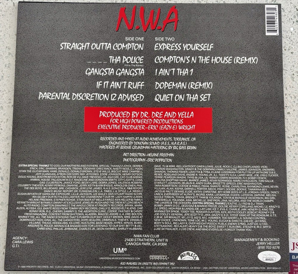 ICE CUBE SIGNED NWA VINYL JSA COA AUTHENTIC AUTOGRAPH BIG 3 COMPTON
