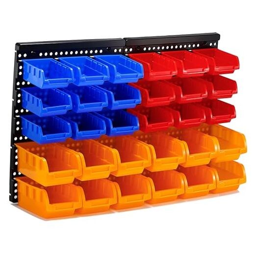 30-Bin Wall Mounted Storage Bins Kit, Tool Organizer Rack, Garage Style-301