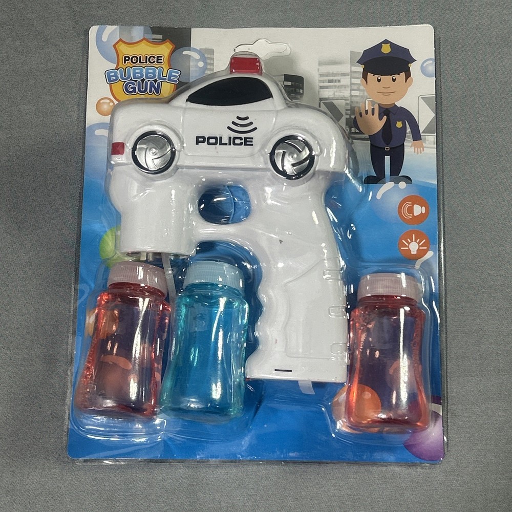 Police Bubble Gun Toy – Light & Sound – Includes 3 Bubble Solution Bottles WHITE